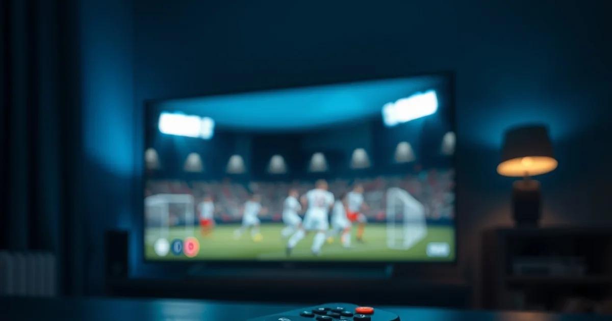 Télécommande et smartphone affichant un calendrier lumineux sur une table sombre, avec une télévision floutée en arrière-plan diffusant un match de football.