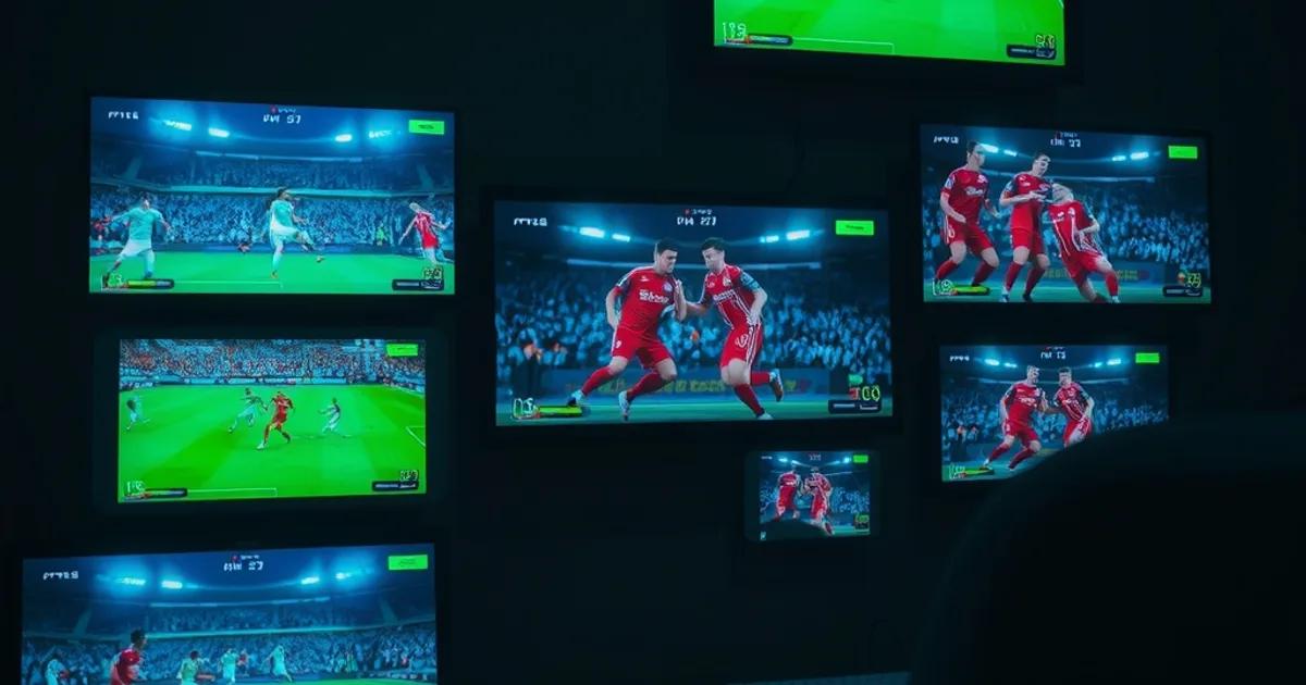 Plusieurs écrans dans une pièce sombre diffusant un match de football en direct, l'un d'eux figé sur un cercle de mise en mémoire tampon